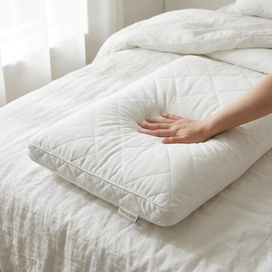 Lifestyle product image showing pillow softness on a bed