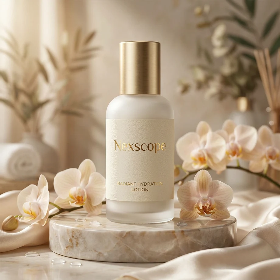 AI product photography for a skincare lotion with orchids