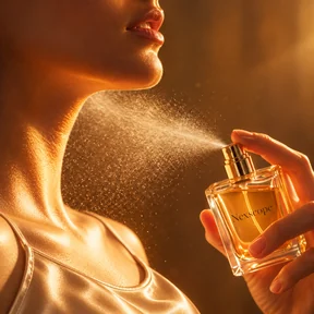 Model wearing a champagne silk camisole and spraying Nexscope perfume in golden sunlight