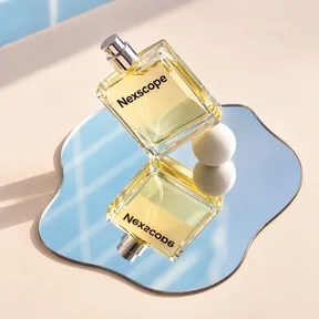 Nexscope perfume balanced above a blue mirror with a reflected bottle